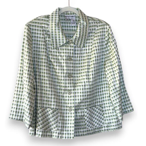 Betsy's Things Jackets & Blazers - Vintage Betsy's Things Green Gingham Work Jacket Size 12 Shoulder Pads 80s 90s